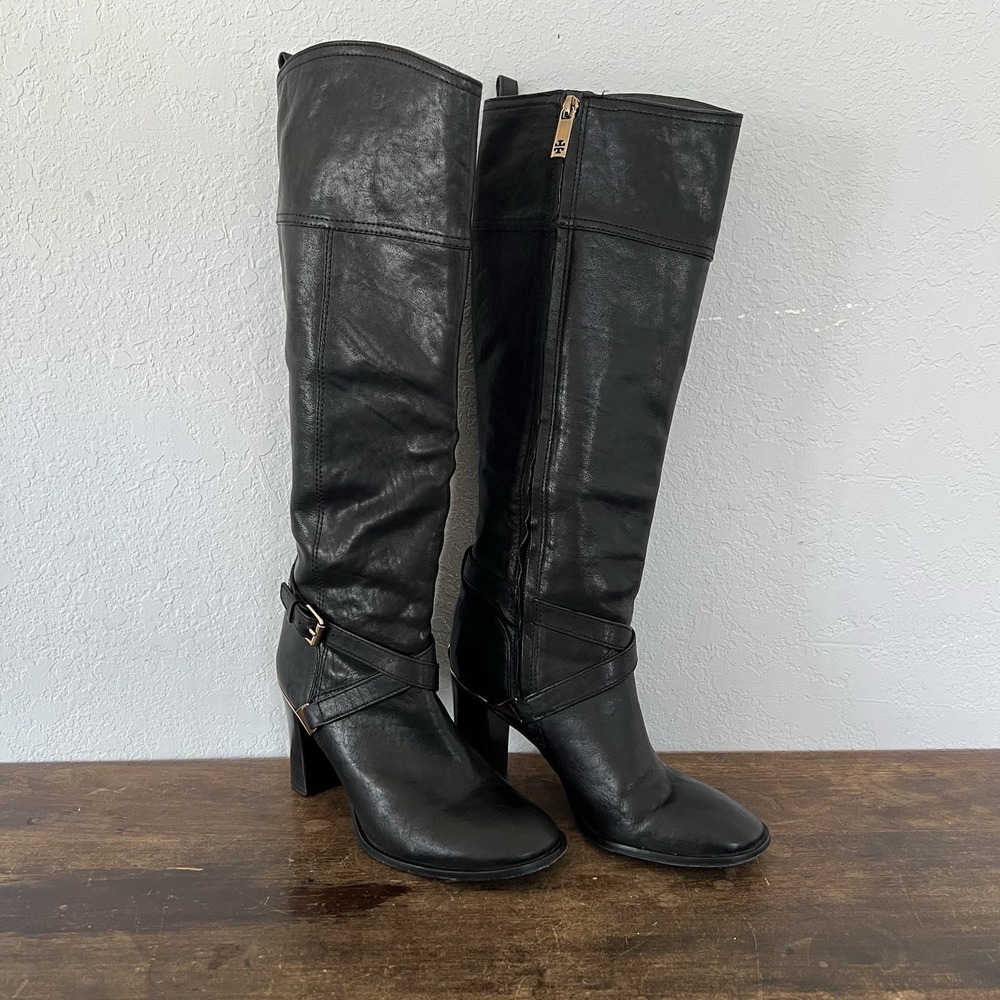 Tory‎ Burch Livingston Leather Riding Boot Black Equestrian Heel Tall Buckle 7.5